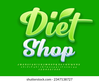 Vector advertising Banner Diet Shop. Creative Green 3D Font. Set of cursive Alphabet Letters and Numbers