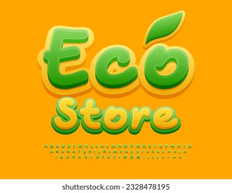 Banner de publicidad vectorial Eco Store. Fuente luminosa creativa. Letras, números y símbolos alfabéticos modernos