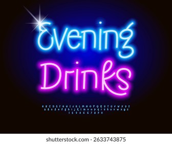 Vector Advertising banner Evening Drinks. Led Light Blue Font. Festive Neon Alphabet Letters and Numbers set.