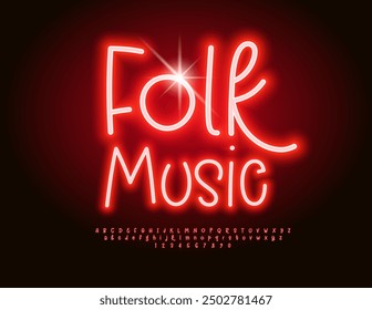 Vector advertising banner folk Music. Funny Glowing Yellow Font. Electric Red  Alphabet Letters and Numbers set.