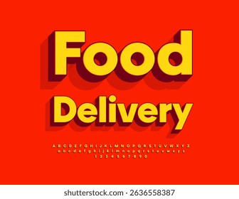 Vector Advertising banner Food Delivery. Classic Isometric Font. Artistic Digital Alphabet Letters and Numbers set.