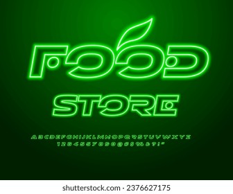 Banner de publicidad de vectores en la tienda de alimentos. Futurista Fuente Verde. Letras y números de alfabeto brillantes