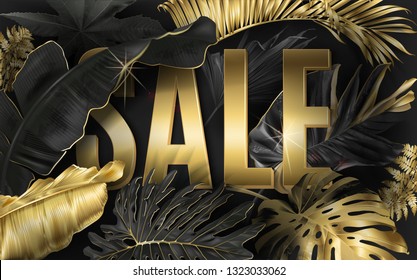 Vector advertising banner with gold and black tropical leaves and gold SALE word on black. Exotic botany design for woman health care product discount, cosmetics, spa, perfume season offer