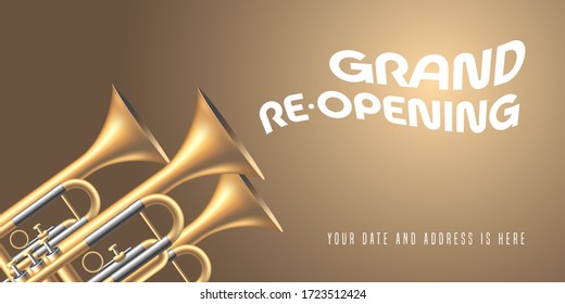 Vector advertising banner for grand opening or re-opening illustration with trumpets. Store opening or reopening soon advertising design element