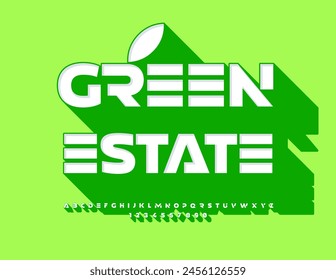Vector advertising banner Green Estate. Modern Trendy 3D Font with Big Shadow. Exclusive Alphabet Letters and Numbers set.