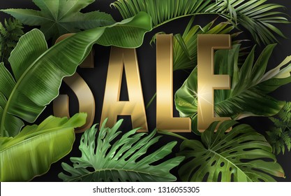 Vector advertising banner with green tropical leaves and gold SALE letters on black. Exotic botany design for woman health care product discount, cosmetics, spa, perfume season offer Vector advertising banner with green tropical leaves and gold SALE letters on black. Exotic botany design for woman health care product discount, cosmetics, spa, perfume season offer