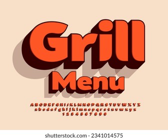 Vector advertising Banner Grill Menu. 3D Red Font with Black Shadow. Modern Bright Alphabet Letters and Numbers set