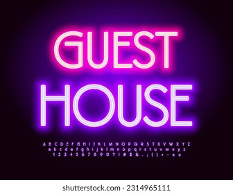 Vector advertising Banner Guest House. Modern Electric Font. Glowing Alphabet Letters and Numbers