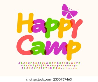 Vector advertising Banner Happy Camp. Bright Watercolor Font. Kids handwritten Alphabet Letters, Numbers and Symbols