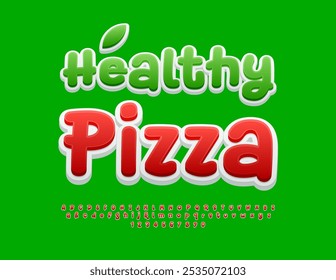 Vector advertising banner Healthy Pizza for Cafe and Shop. Funny Red Font. Playful Alphabet Letters and Numbers set.