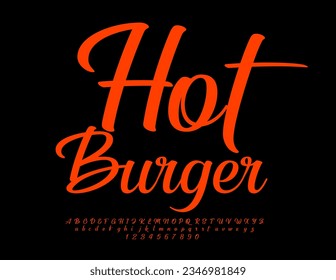 Vector advertising banner Hot Burger with set of cursive Alphabet Letters and Numbers. Red artistic Font