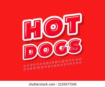 Banner publicitario de vectores Hot Dogs con un conjunto de letras y números alfabetos modernos. Tipo de letra rojo brillante