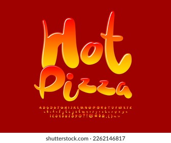 Vector advertising banner Hot Pizza with flaming gradient color Font. Creative set of handwritten Alphabet Letters, Numbers and Symbols set