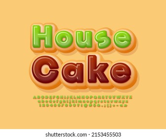 Vector advertising Banner House Cake. Green sweet Font. Delicious set of Alphabet Letters and Numbers