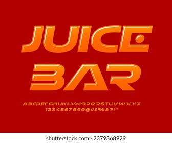 Vector advertising banner Juice Bar. Creative Glossy Font. Unique Alphabet Letters and Numbers