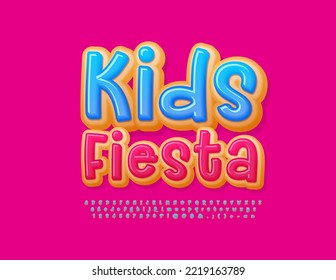 Vektorwerbung Banner Kids Fiesta. Sweet Donut Font. Leuchtende Alphabet-Buchstaben und -Zahlen