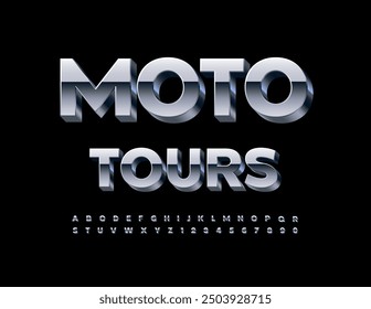 Vector advertising banner Moto Tours. Trendy Iron 3D Font. Silver Alphabet Letters and Numbers set.