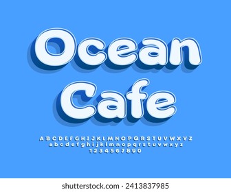 Vector advertising Banner Ocean Cafe. Bright 3D Font. Modern Alphabet Letters and Numbers.