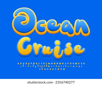 Banner de publicidad de vectores Ocean Cruise. Graciosa letra manuscrita. Letras, números y símbolos de alfabeto amarillo y azul brillantes