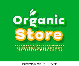 Banner de publicidad vectorial Organic Store con hojas decorativas. Fuente de papel creativa. Estilo de pegamento Alfabeto Letras, números y símbolos definidos