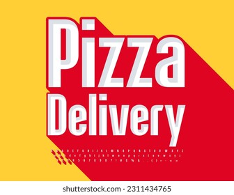Vector advertising banner Pizza Delivery. Trendy style Font. White set of Alphabet Letters, Numbers and Symbols with Big Red Shadow