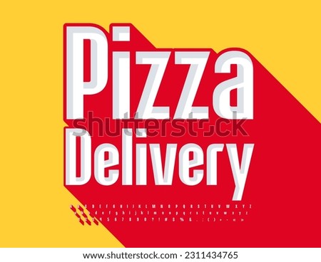 Vector advertising banner Pizza Delivery. Trendy style Font. White set of Alphabet Letters, Numbers and Symbols with Big Red Shadow