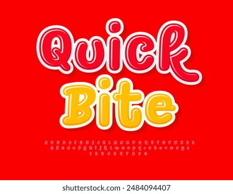 Vector advertising banner Quick Bite. Funny Glossy Font. Playful Red Alphabet Letters and Numbers set.