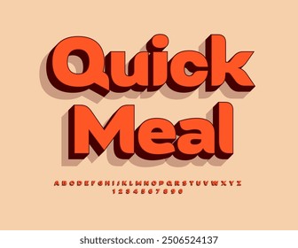 Vector advertising banner Quick Meal for Cafe, Menu, Restaurants. Bright 3D Font. Trendy style set of Alphabet Letters and Numbers