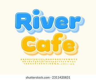 Banner de publicidad de vectores River Cafe. Fuente amarillo soleado. Juego de letras y números de alfabeto 3D artísticos