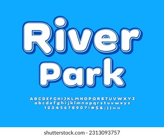Publicidad de vectores Banner River Park. Fuente creativa brillante. Letras, números y símbolos de alfabeto.