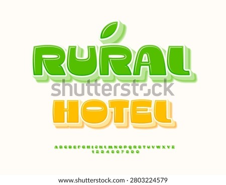 Vector Advertising banner Rural Hotel. Awesome Green Font. Fashion Glossy 3D Alphabet Letters and Numbers set.