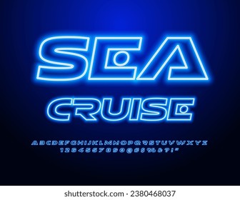 Vector advertising banner Sea Cruise. Blue Neon Font. Glowing Alphabet Letters and Numbers