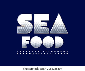 Vector advertising Banner Sea Food. Unique Bright Font. Creative Alphabet Letters and Numbers set