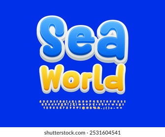 Vector advertising banner Sea World. Creative Yellow Font. Funny Alphabet Letters and Numbers set