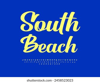 Anuncio de publicidad de Vector South Beach. Hermosa fuente cursiva. Juego de letras y números de moda.