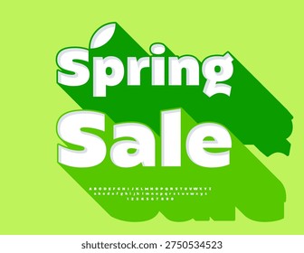 Vector Advertising banner Spring Sale. Modern Font with Big Green Shadow. Classic 3D Alphabet Letters and Numbers set.