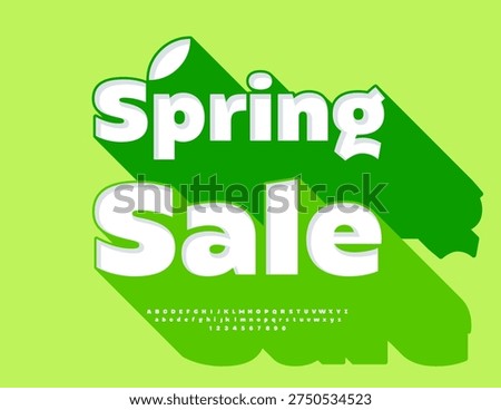 Vector Advertising banner Spring Sale. Modern Font with Big Green Shadow. Classic 3D Alphabet Letters and Numbers set.