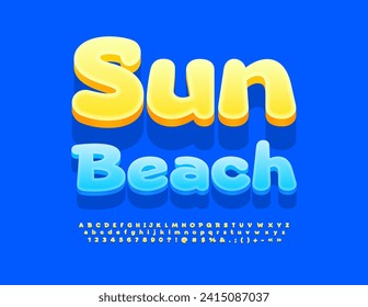 Vector advertising banner Sun Beach. Cute Yellow 3D Font. Creative Alphabet Letters and Numbers set.