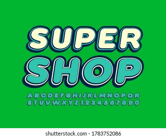 Banner de publicidad de vectores Super Shop. Tipo de letra juvenil. Letras y números de alfabeto de moda