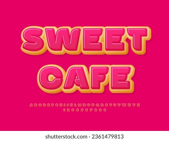 Vector advertising banner Sweet Cafe. Modern artistic Font. Tasty Alphabet Letters and Numbers