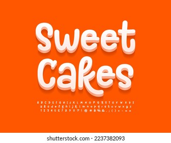 Banner de publicidad de vectores Sweet Cakes. Fuente manuscrita blanca. Juego de letras de alfabeto 3D, números y símbolos. 