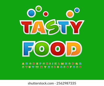 Vector advertising banner Tasty Food with Colorful Font. Bright Sticker Alphabet Letters and Numbers set.