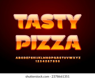 Banner publicitario de vectores Tasty Pizza. Juego de letras y números de alfabeto brillante. Fuente brillante y elegante