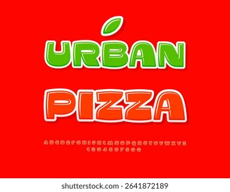 Vector Advertising banner Urban Pizza. Stylish Red Font. Trendy Glossy Alphabet Letters and Numbers set