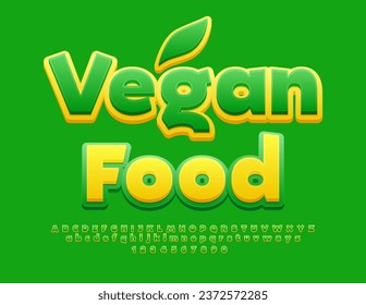 Vector advertising banner Vegan Food. Creative Green Font. Bright Alphabet Letters and Numbers set