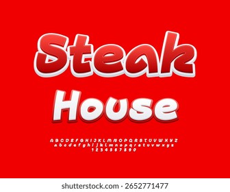 Vector Advertising board Steak House. Bright White and Red Font. Decorative Alphabet Letters and Numbers set.