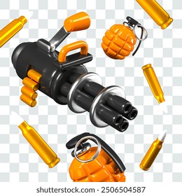 Vektorwerbezusammensetzung von Online-Spiel, Shooter. Minigun mit Granaten, Patronen