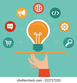 Vector advertising concept in flat style - marketing service icon - waiter's hand with light bulb