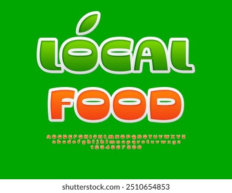 Vector advertising concept Local Food. Orange sticker Font. Stylish Alphabet Letters and Numbers set.