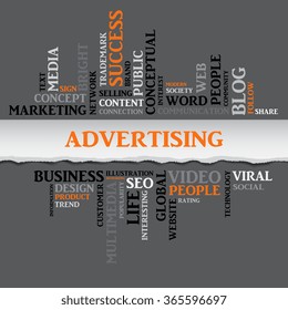 Vector advertising concept related words in tag cloud isolated on gray with different association business terms. The effect of torn paper